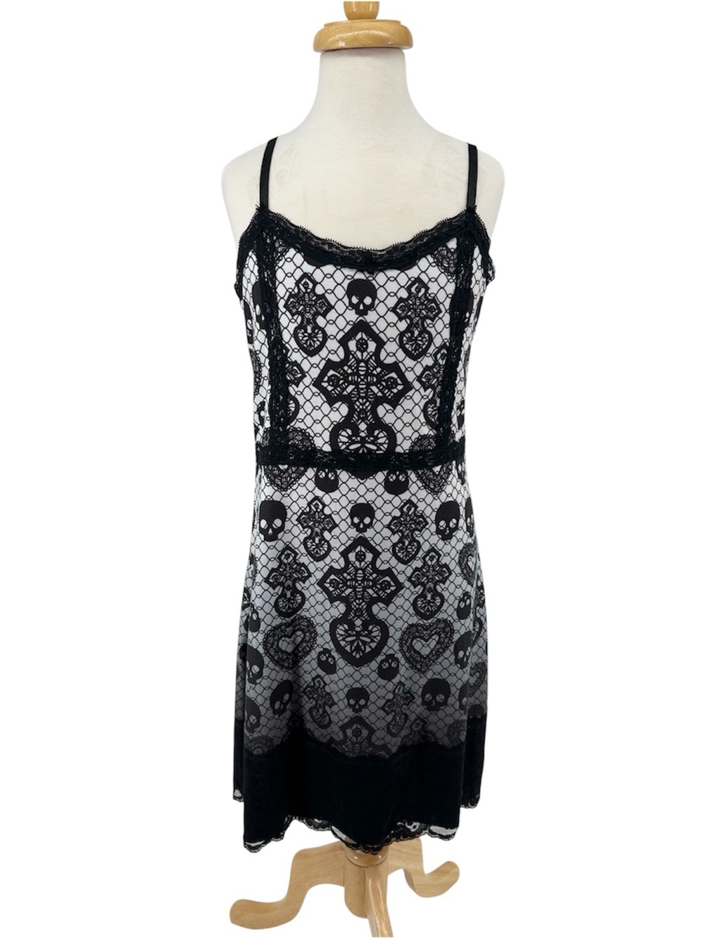 Rat Baby “The Curse” Fishnet, Cross, Skull, and Heart Print Ombre Slip Dress